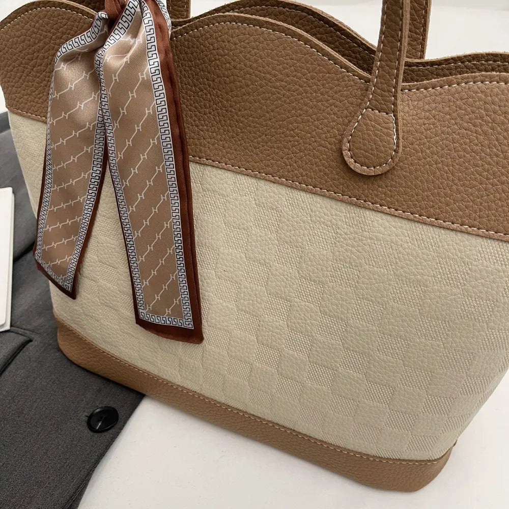 PU Leather Tied Contrast Tote Bag - Premium Tote Bag from Trendsi - Just $35.99! Shop now at Handbags Specialist Headquarter