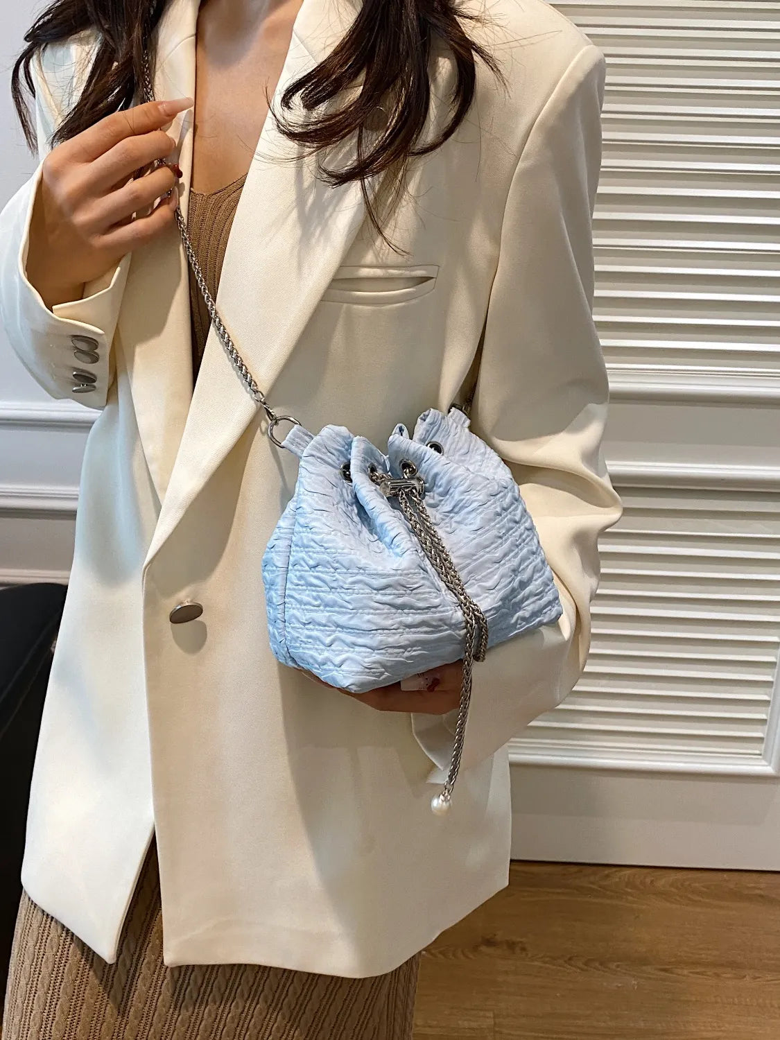 Textured Chain Bucket Bag.