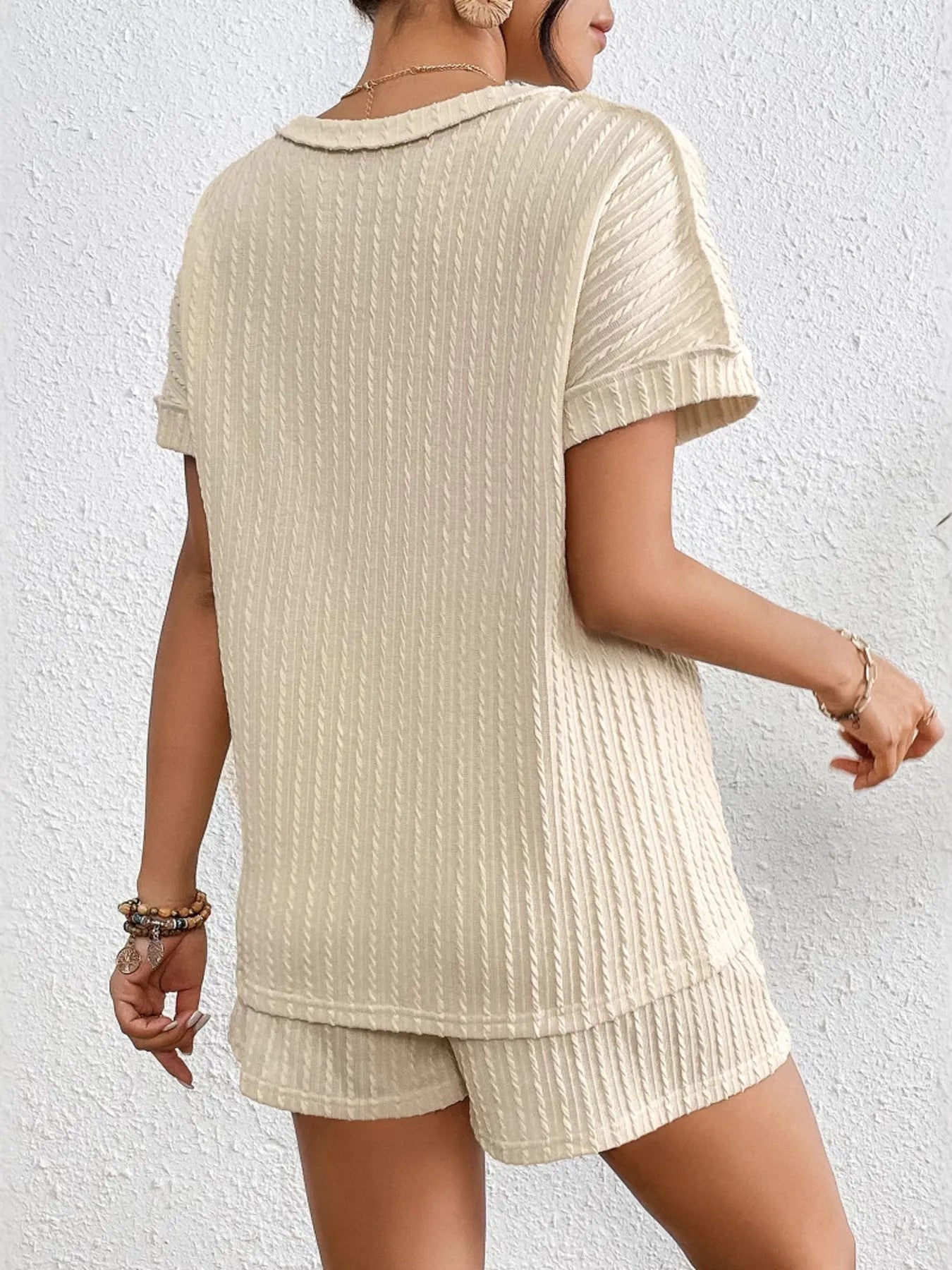 Texture Round Neck Top and Shorts Lounge Set - Premium Sleepwear from Trendsi - Just $39.99! Shop now at Handbags Specialist Headquarter