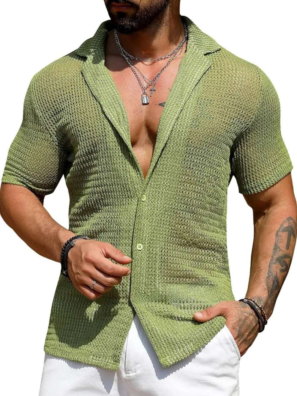 Men's Full Size Openwork Button Down Short Sleeve Shirt Plus Size - Premium Men's Shirts from Trendsi - Just $36.14! Shop now at Handbags Specialist Headquarter