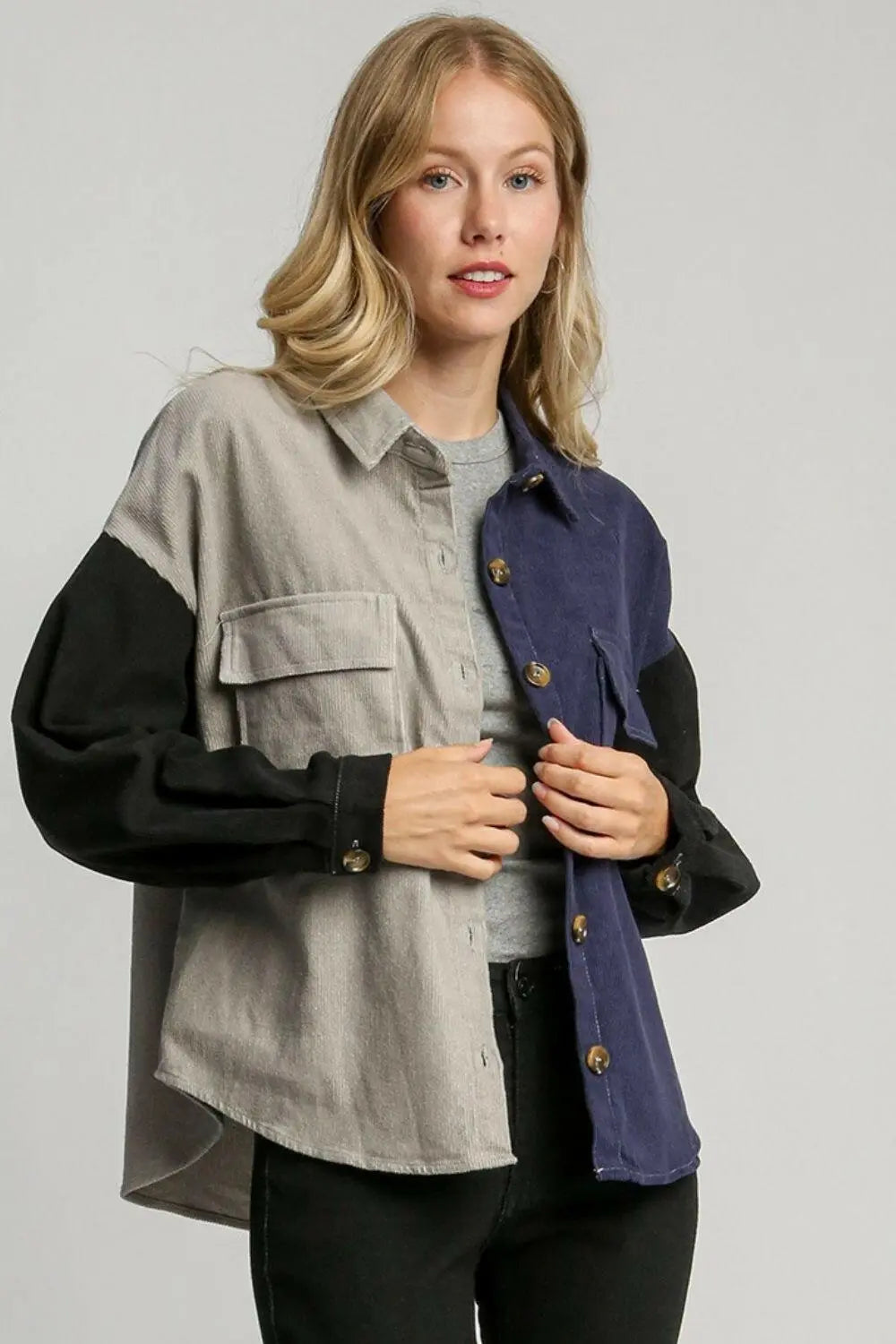 Umgee Full Size Color Block Button Down Jacket Plus Size.