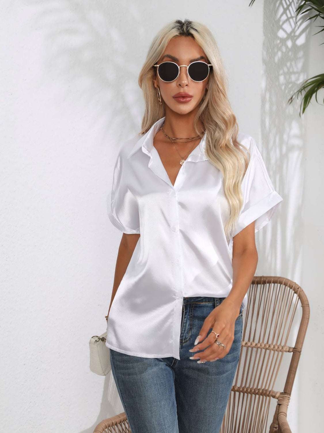Button Down Collared Neck Short Sleeve Satin Shirt - Premium Women / Tops from Trendsi - Just $18.76! Shop now at Handbags Specialist Headquarter