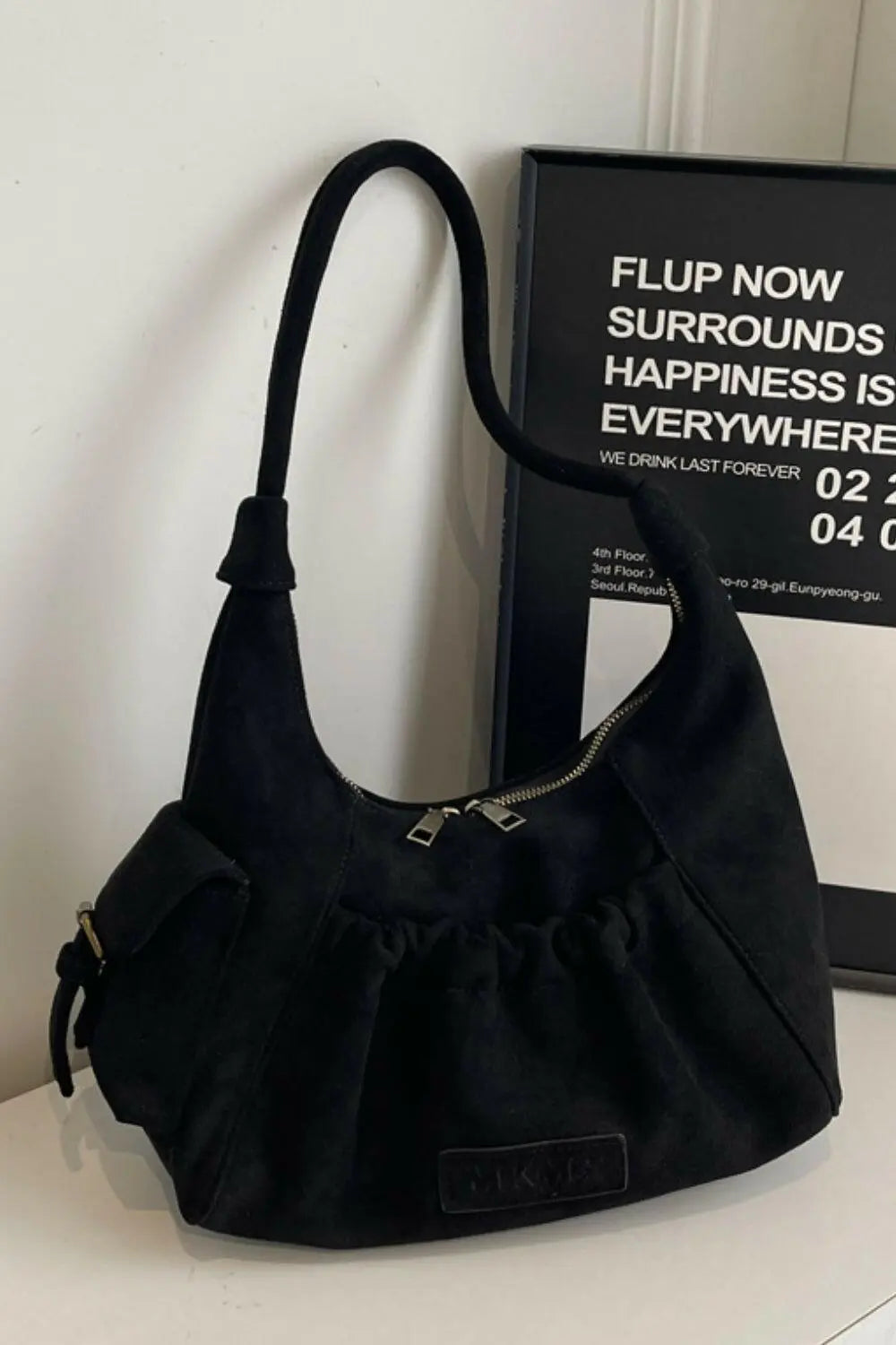 Ruched Suede Handbag with Zipper.