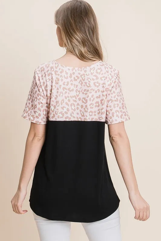 BOMBOM Chic Leopard Contrast Cutout Top - Premium Tops from Trendsi - Just $13.42! Shop now at Handbags Specialist Headquarter