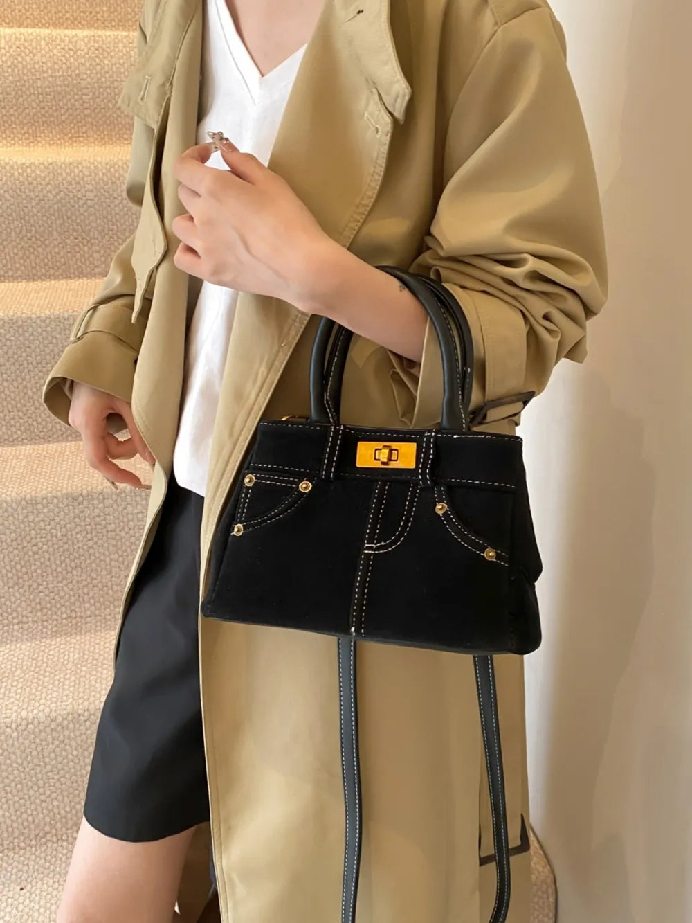 Suede Adjustable Strap Double-Use Handbag - Premium handbags from Trendsi - Just $30.99! Shop now at Handbags Specialist Headquarter