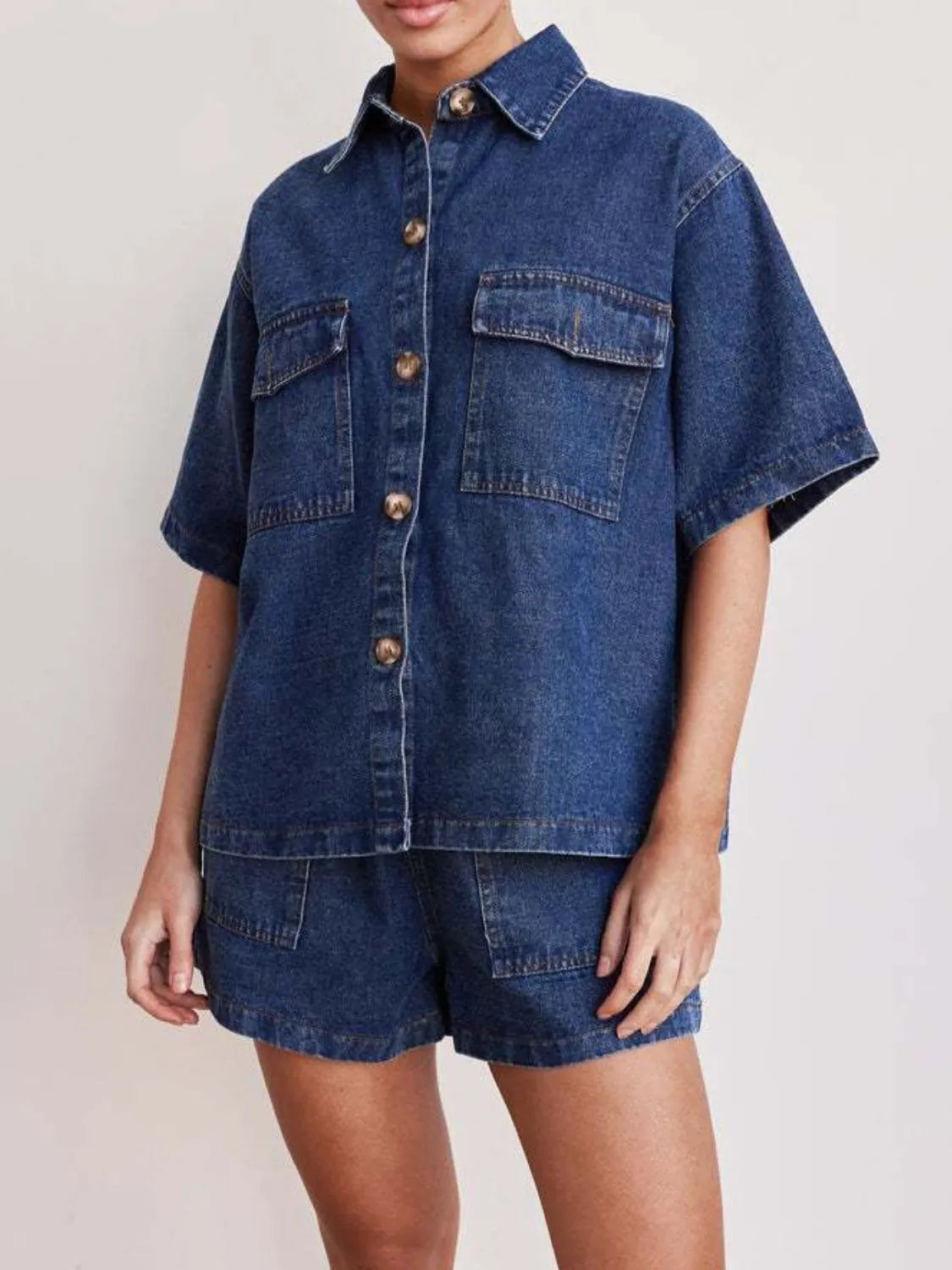 Button Up Short Sleeve Top and Shorts Denim Set - Premium Women / Jeans & Denim from Trendsi - Just $66.70! Shop now at Handbags Specialist Headquarter
