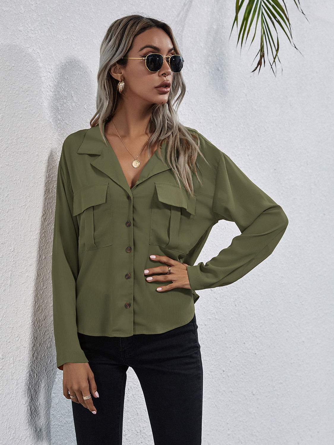 Collared Neck Button Down Shirt - Premium Women's Down Shirt Tops from Trendsi - Just $27! Shop now at Handbags Specialist Headquarter