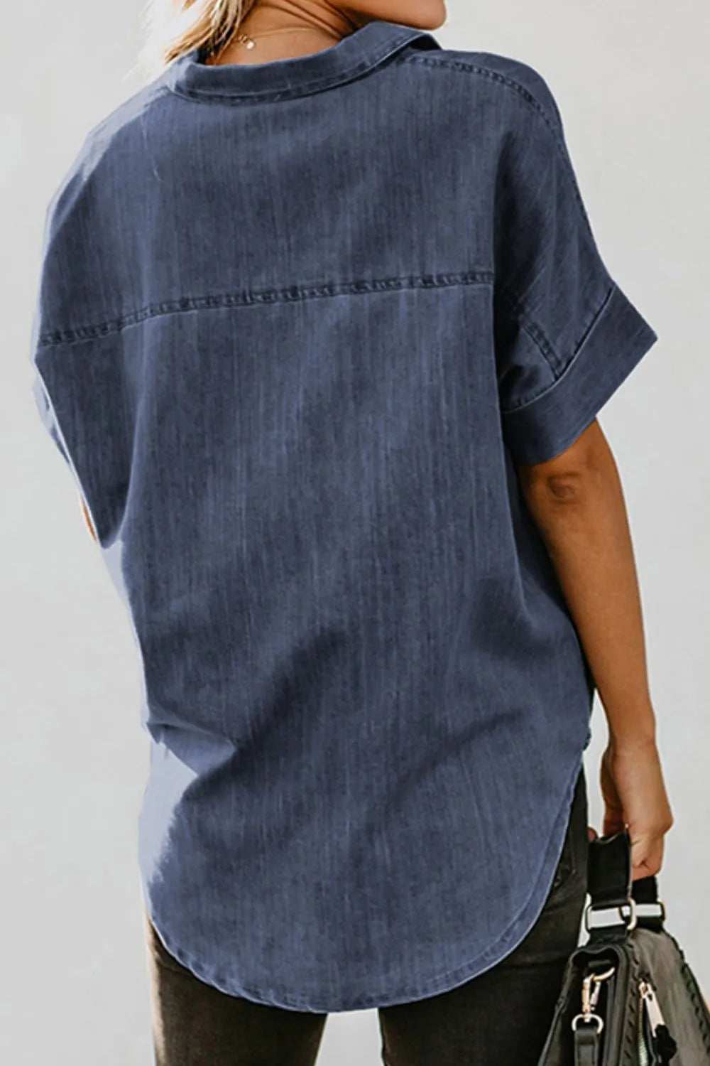 Pocketed Button Up Short Sleeve Denim Shirt - Premium Women / Jeans & Denim from Trendsi - Just $37! Shop now at Handbags Specialist Headquarter