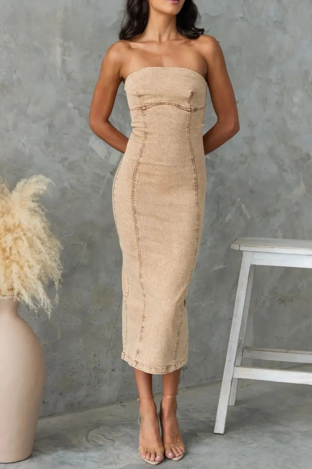 Slit Back Tube Denim Dress - Premium Women / Jeans & Denim from Trendsi - Just $46.80! Shop now at Handbags Specialist Headquarter