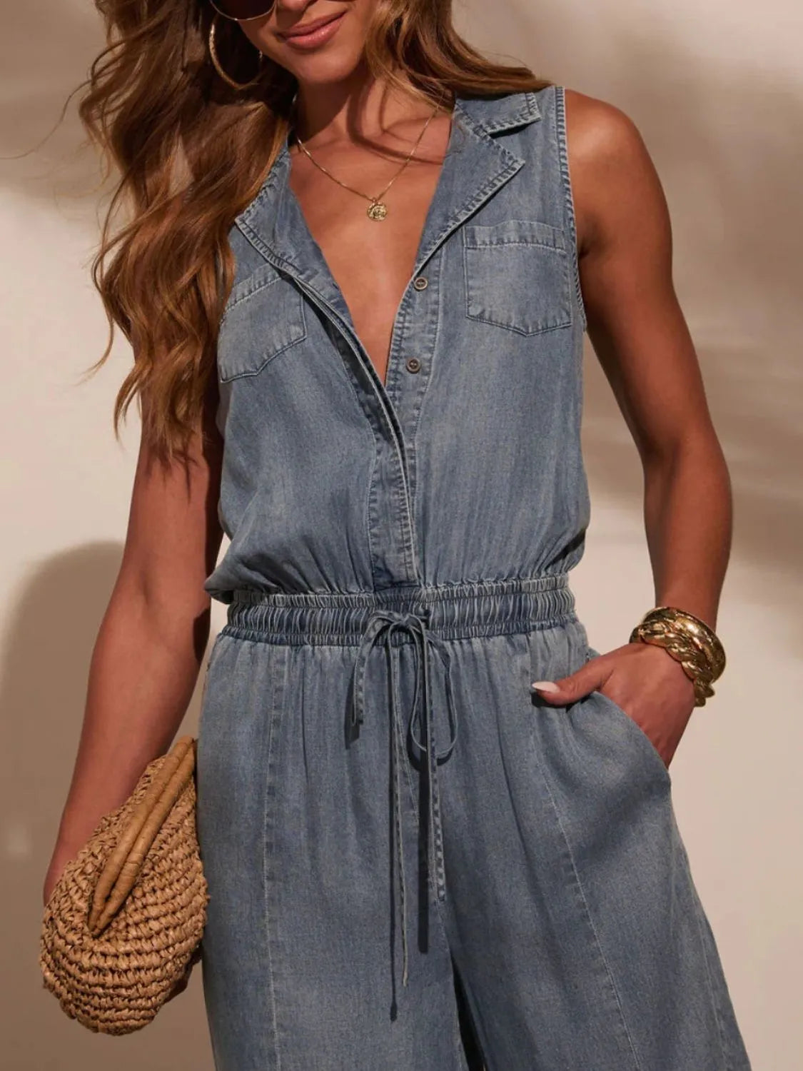 Sleeveless Drawstring Waist Washed Denim Jumpsuit - Premium Women / Jeans & Denim from Trendsi - Just $55.52! Shop now at Handbags Specialist Headquarter