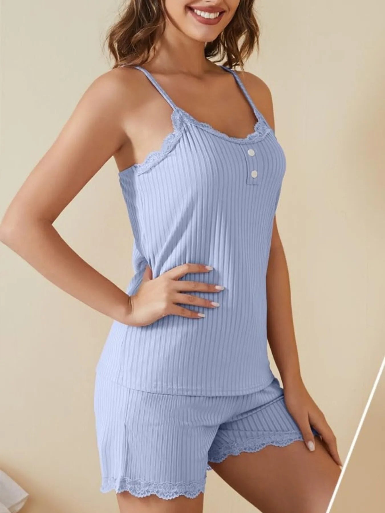 Lace-Trimmed Ribbed Cami and Shorts Lounge Set - Premium Sleepwear from Trendsi - Just $26.99! Shop now at Handbags Specialist Headquarter