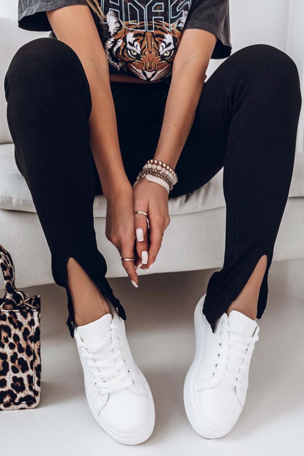 High Waist Ribbed Slit Leggings - Premium Leggings from Trendsi - Just $42.75! Shop now at Handbags Specialist Headquarter