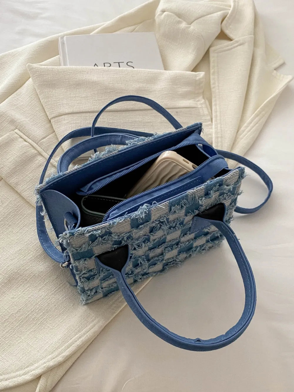 Raw Hem Checkered Denim Handbag - Premium Tote Bag from Trendsi - Just $39.99! Shop now at Handbags Specialist Headquarter