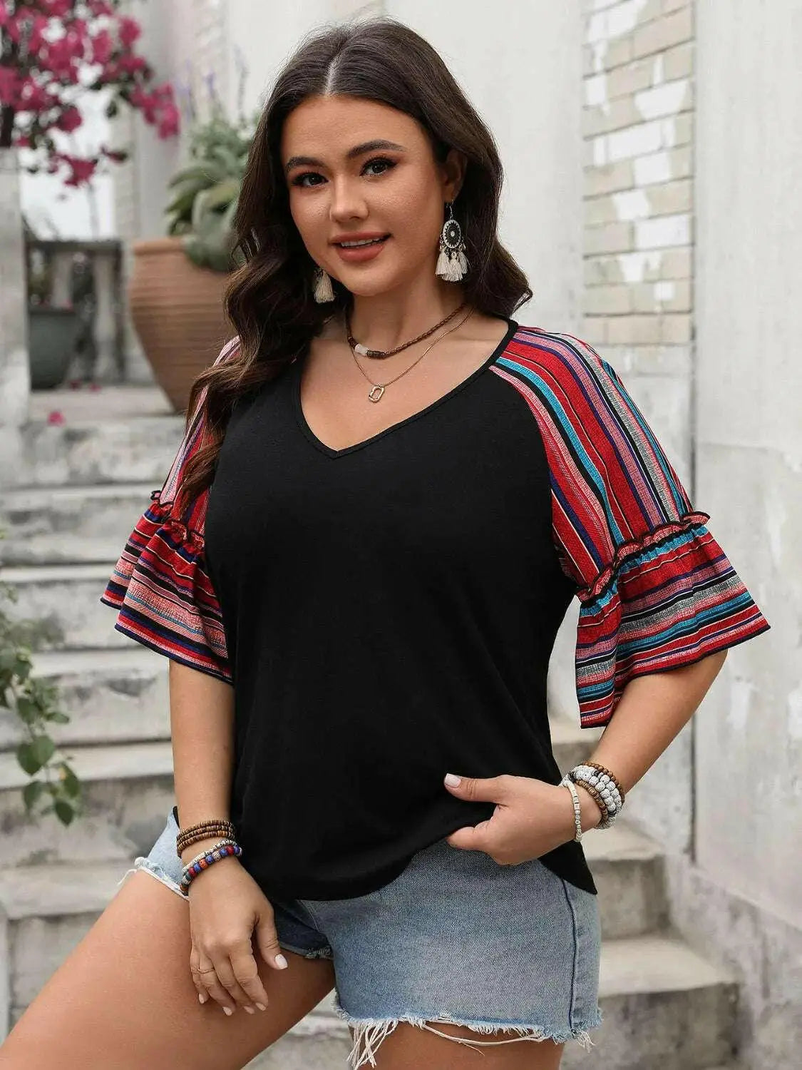 Plus Size V-Neck Flounce Sleeve Top.