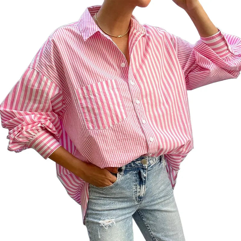 Striped Button Down Long Sleeve Shirt - Premium Women's Down Shirt Tops from Trendsi - Just $26.26! Shop now at Handbags Specialist Headquarter