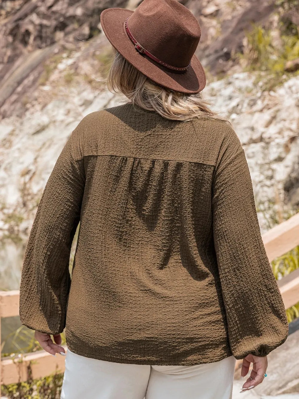 Plus Size Tie Neck Long Sleeve Blouse - Premium Plus Size Shirts from Trendsi - Just $28.50! Shop now at Handbags Specialist Headquarter