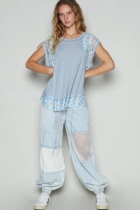 POL Floral Frayed Hem Crochet Cap Sleeve Top - Premium Women / Jeans & Denim from Trendsi - Just $55.08! Shop now at Handbags Specialist Headquarter