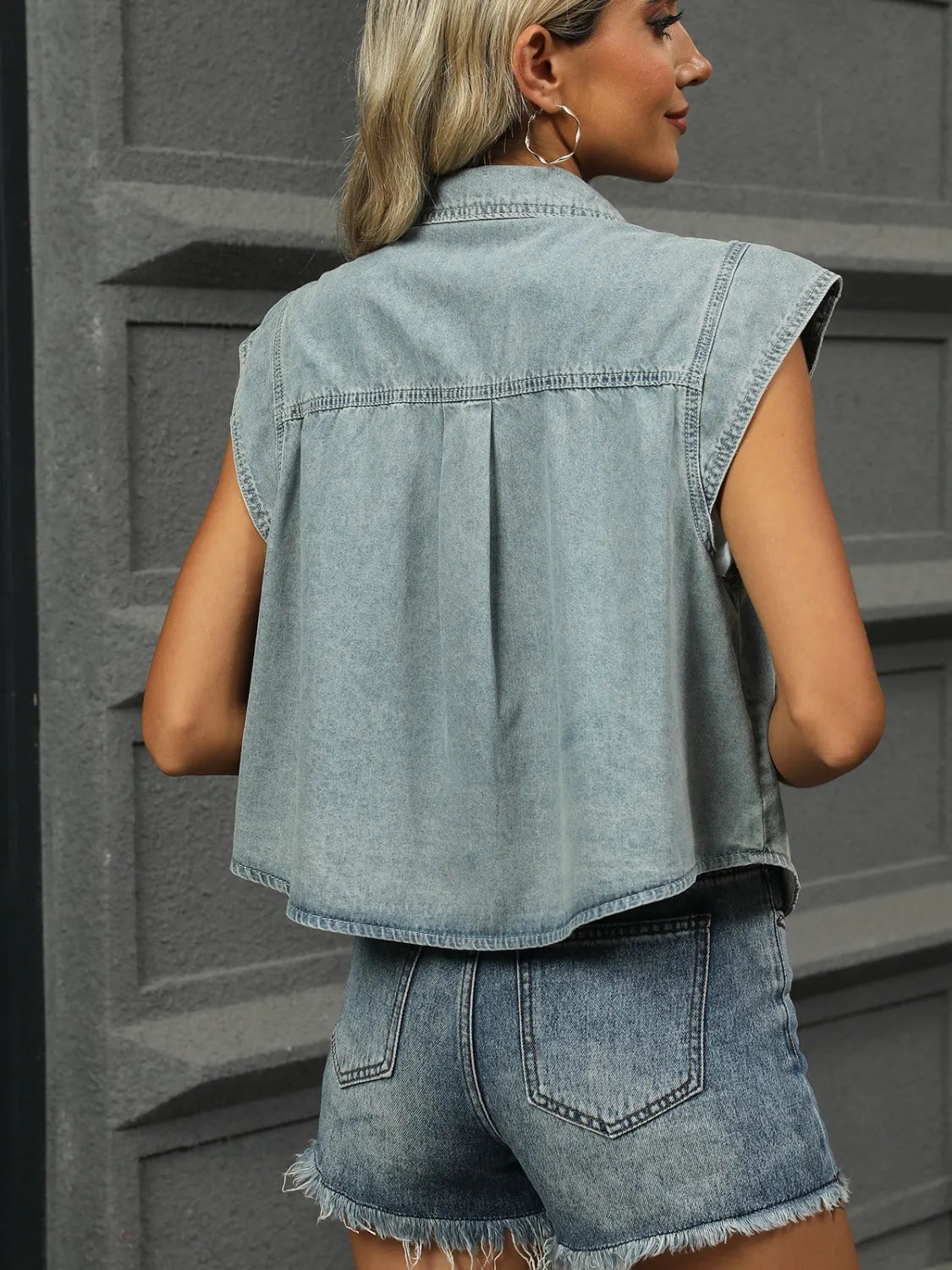 Button Up Cap Sleeve Denim Jacket - Premium Women / Jeans & Denim from Trendsi - Just $31.04! Shop now at Handbags Specialist Headquarter