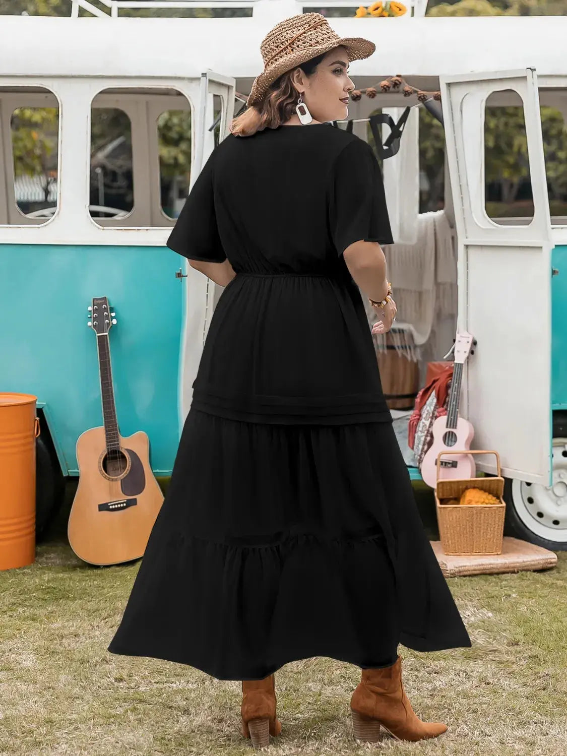 Plus Size Tie Neck Flutter Sleeve Dress.