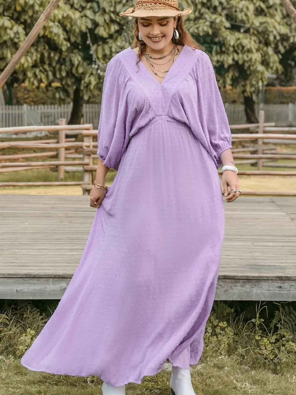 Plus Size Swiss Dot V-Neck Midi Dress - Premium Dresses from Trendsi - Just $45.99! Shop now at Handbags Specialist Headquarter