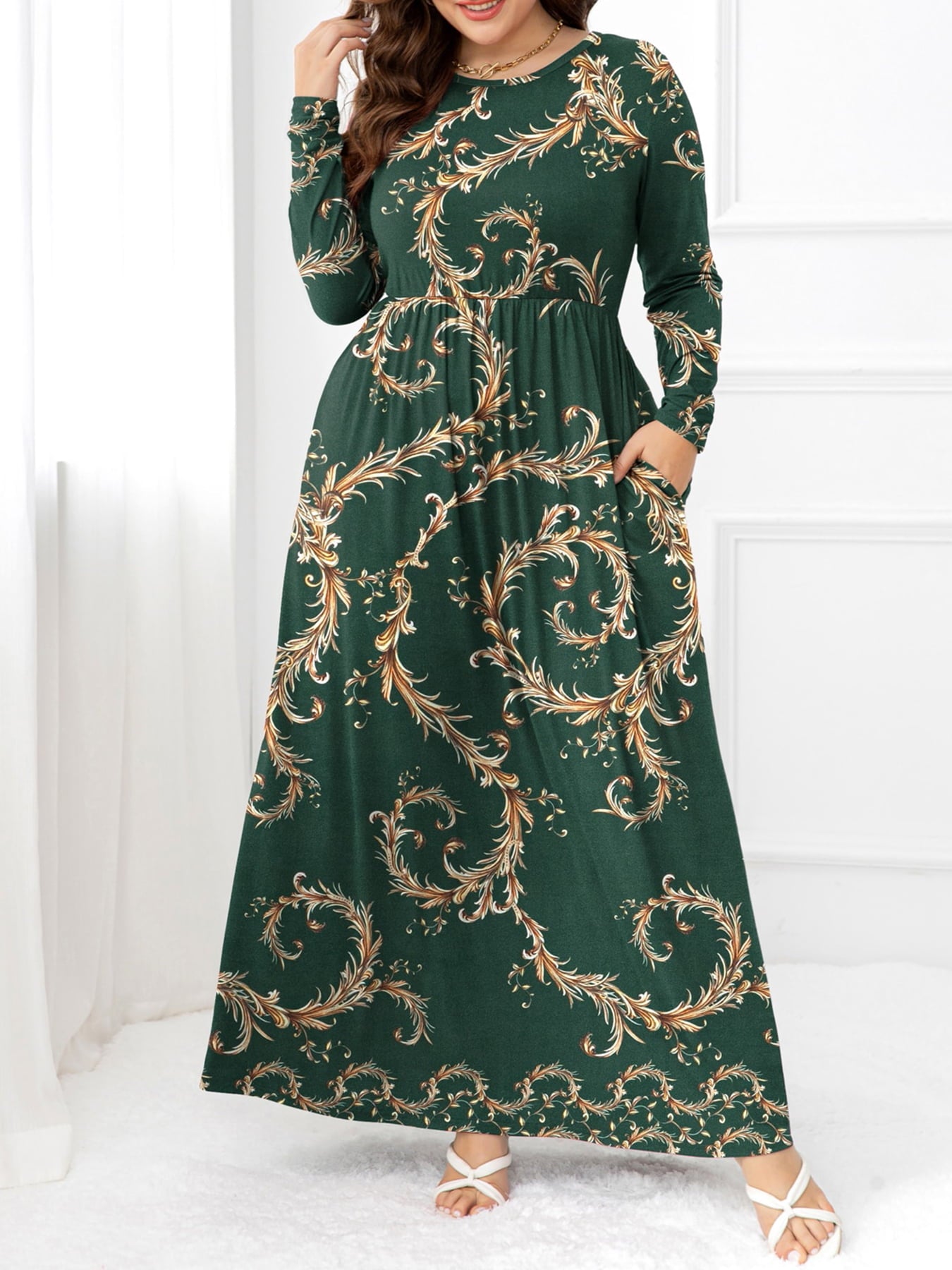 Plus Size Round Neck Maxi Dress with Pockets - Premium Dresses from Trendsi - Just $48.99! Shop now at Handbags Specialist Headquarter