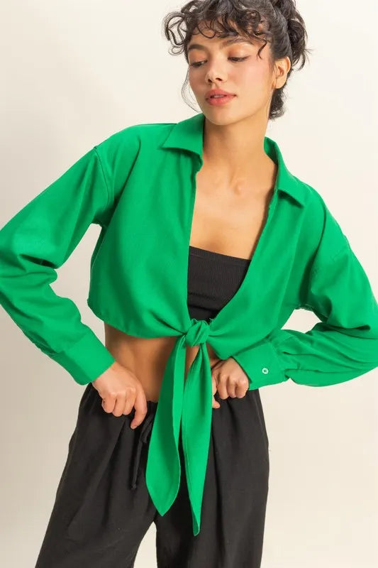 HYFVE Washed Tie Front Crop Top - Premium Tops from Trendsi - Just $31.14! Shop now at Handbags Specialist Headquarter
