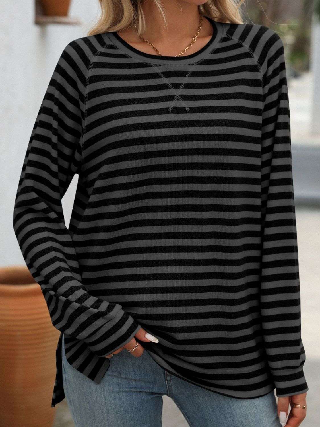 Mandy Striped Round Neck Long Sleeve T-Shirt - Premium Women / Tops from Trendsi - Just $24.72! Shop now at Handbags Specialist Headquarter