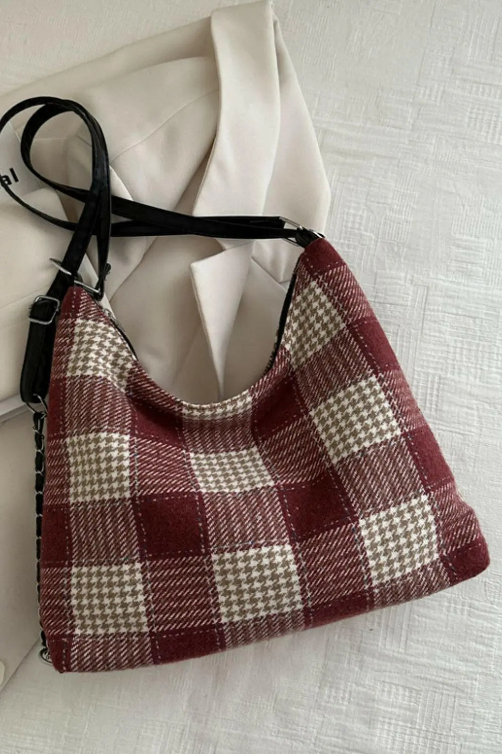 Plaid Adjustable Strap Handbag.