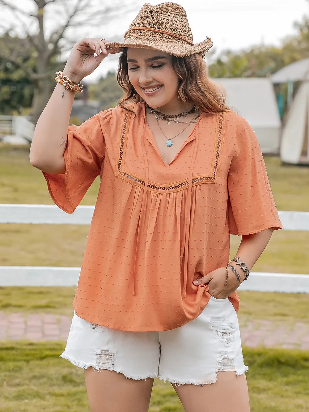 Plus Size Ruched Tie Neck Half Sleeve Blouse - Premium Plus Size Shirts from Trendsi - Just $26.98! Shop now at Handbags Specialist Headquarter