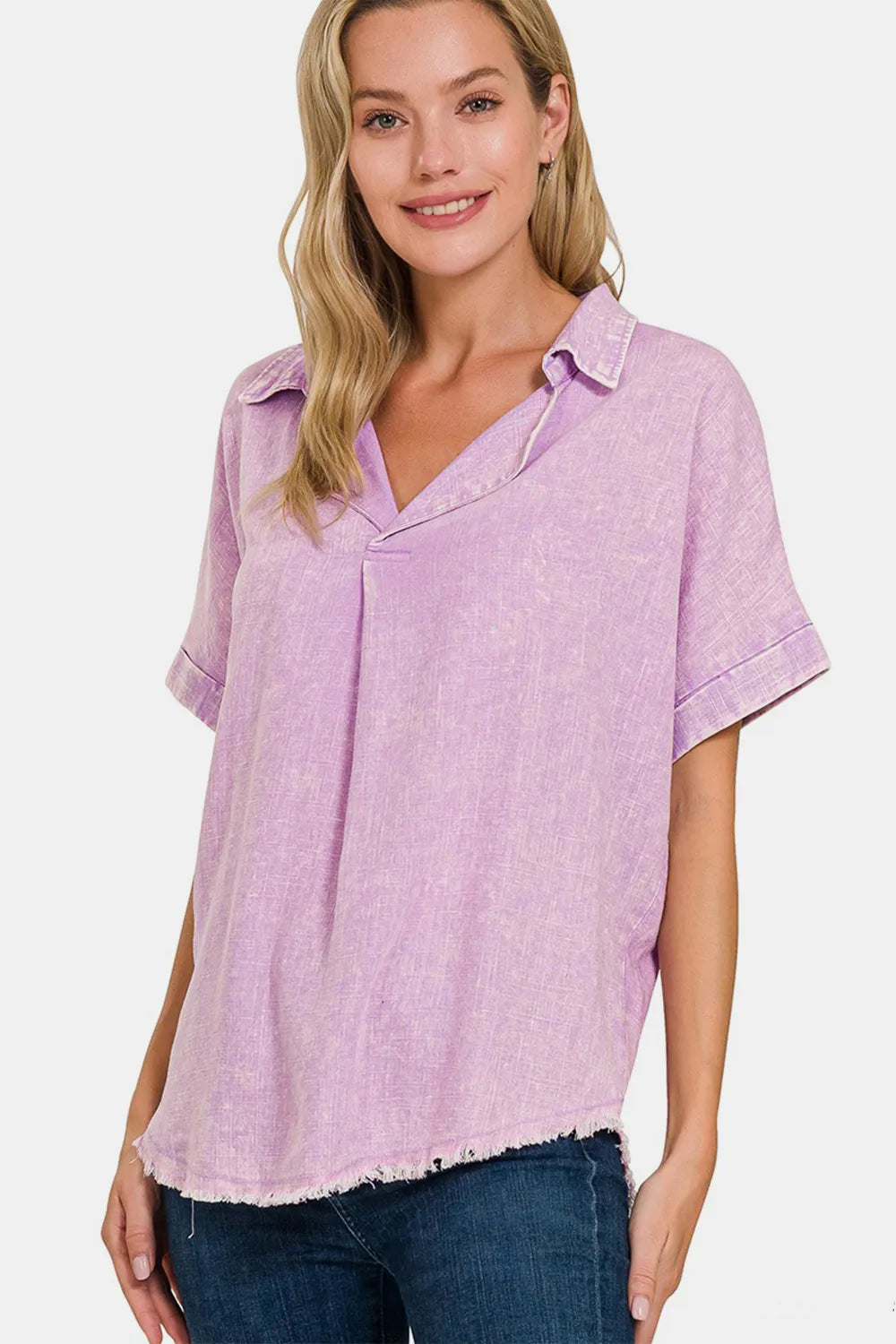Zenana Washed Linen Raw Hem V-Neck Shirt - Premium Women / Jeans & Denim from Trendsi - Just $38.52! Shop now at Handbags Specialist Headquarter