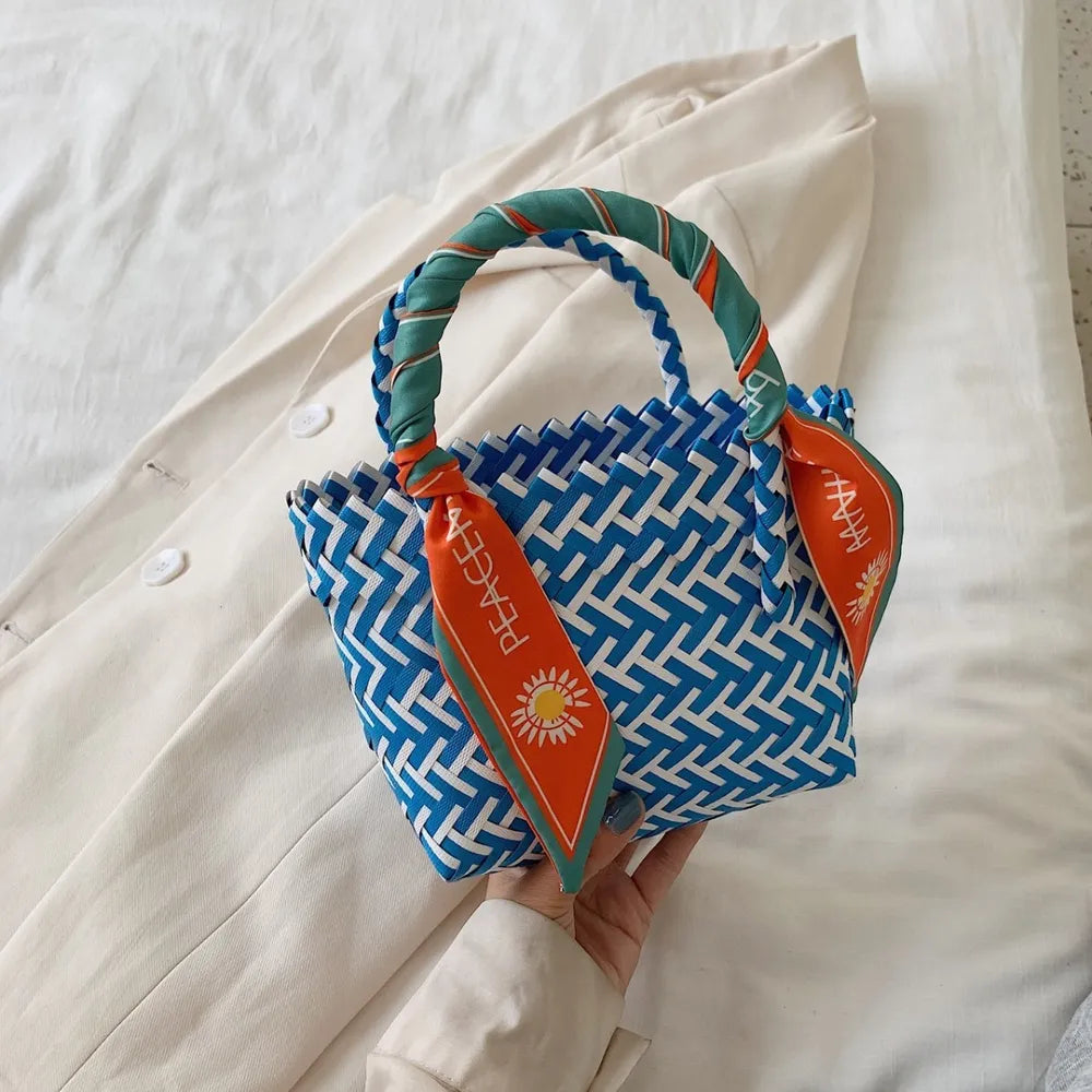 Contrast Woven Handbag with Ribbon - Premium Tote Bag from Trendsi - Just $39.99! Shop now at Handbags Specialist Headquarter