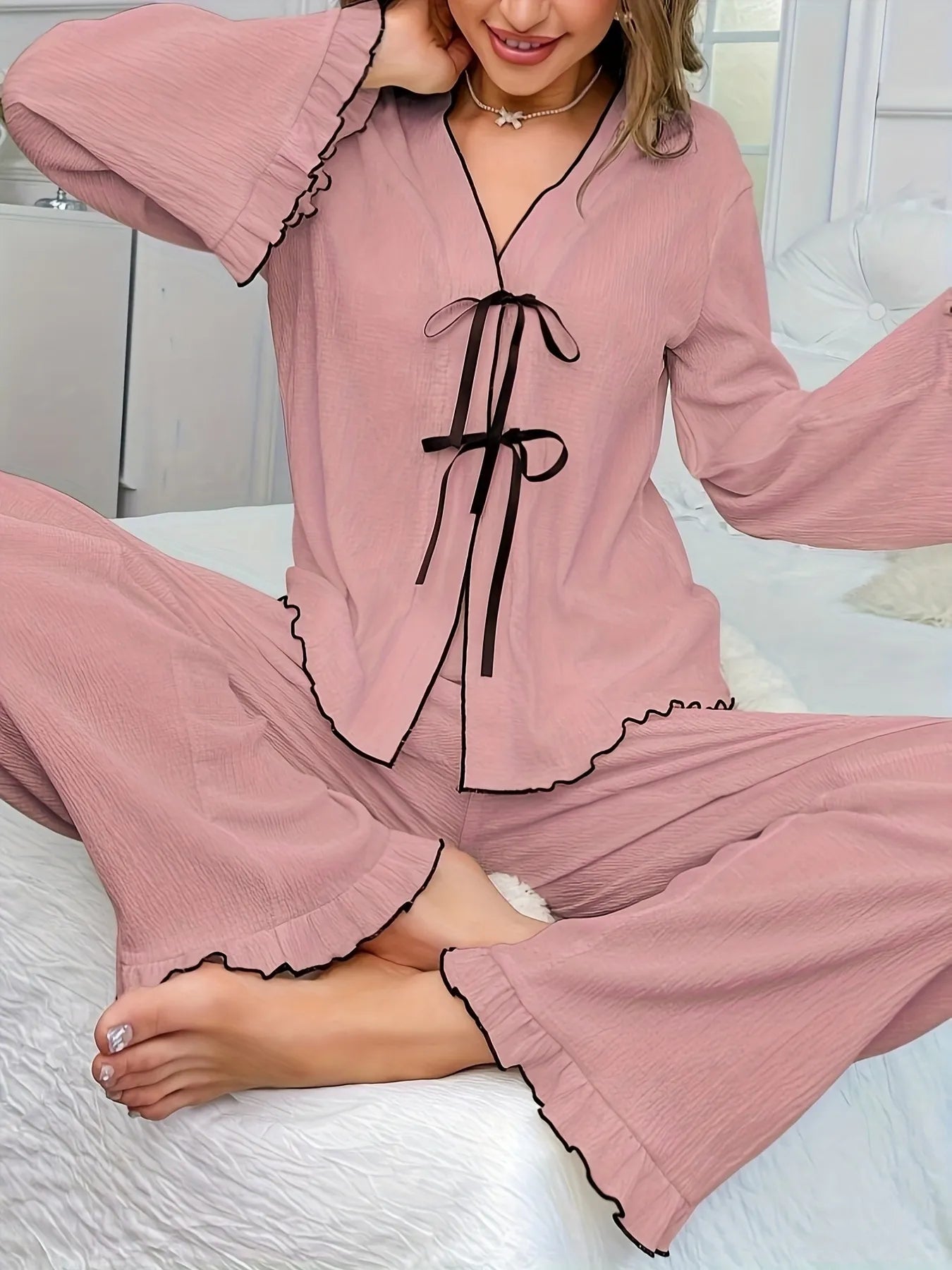 Contrast Trim Bow Tie Shirt and Pants Lounge Set - Premium Sleepwear from Trendsi - Just $31.99! Shop now at Handbags Specialist Headquarter