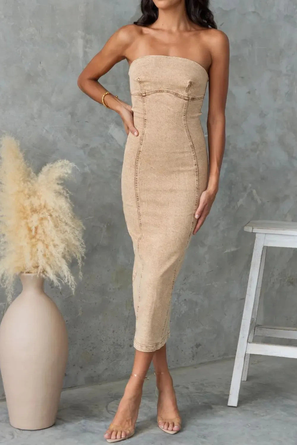Slit Back Tube Denim Dress - Premium Women / Jeans & Denim from Trendsi - Just $46.80! Shop now at Handbags Specialist Headquarter