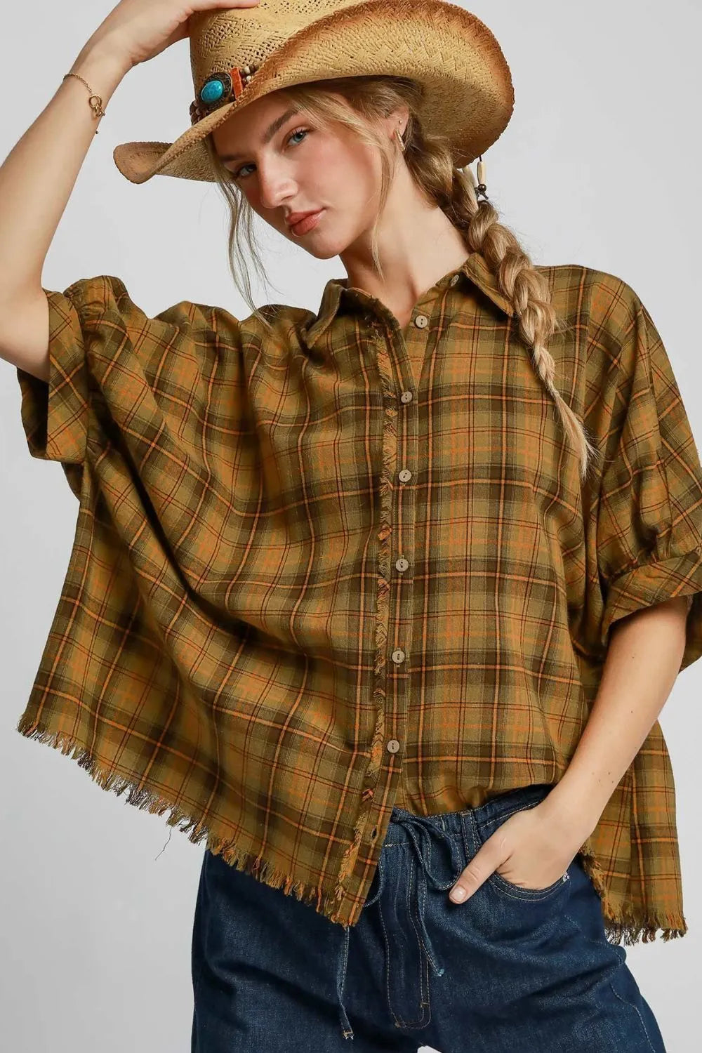 Umgee Full Size Raw Hem Plaid Collared Neck Half Sleeve Shirt Plus Size - Premium Dresses from Trendsi - Just $46.99! Shop now at Handbags Specialist Headquarter