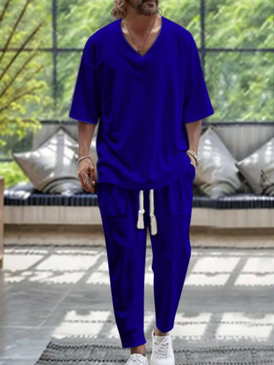 Men's Plus Size V-Neck Half Sleeve Top and Pants Set.