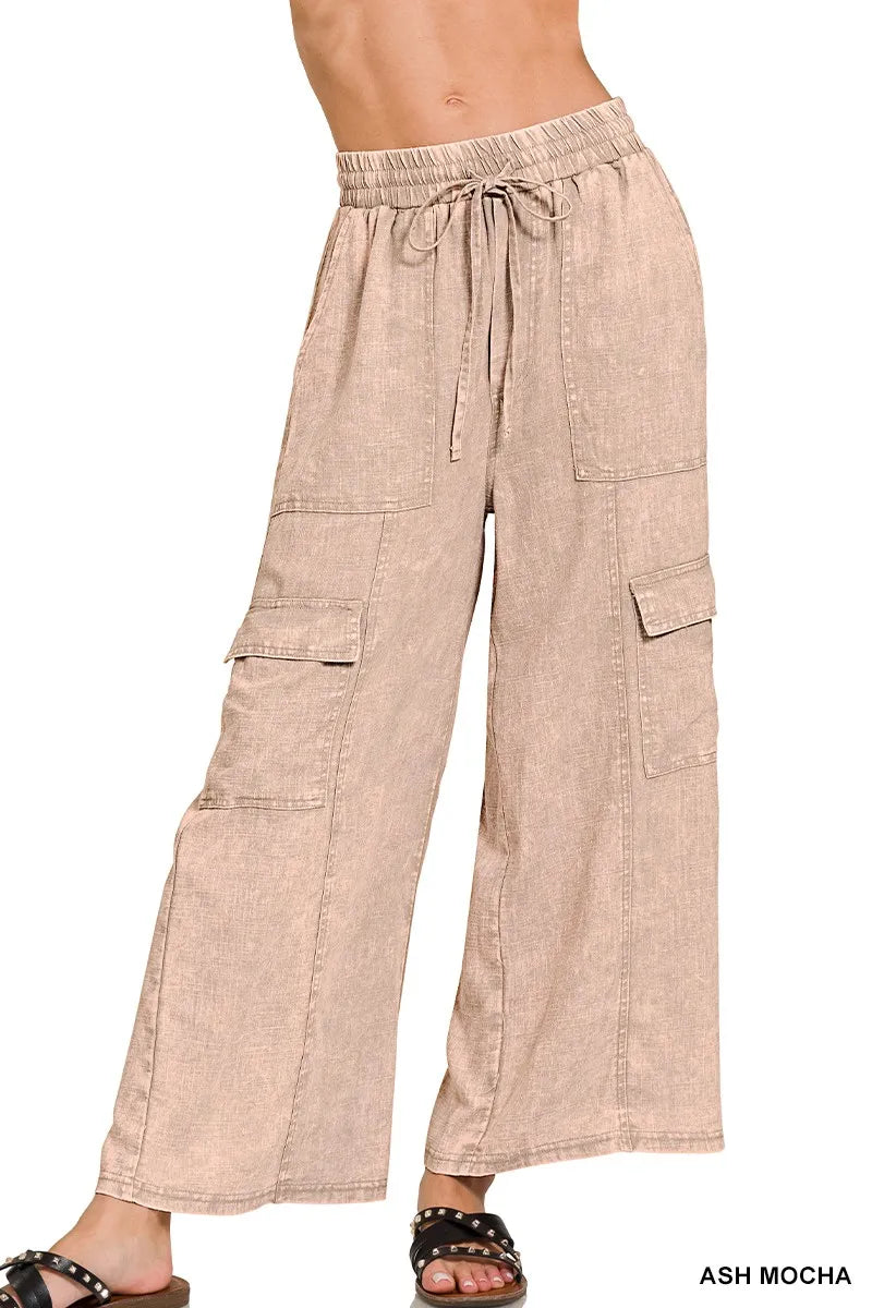 Zenana Washed Linen Elastic Band Waist Cargo Pants - Premium Women Pants from Trendsi - Just $42.99! Shop now at Handbags Specialist Headquarter
