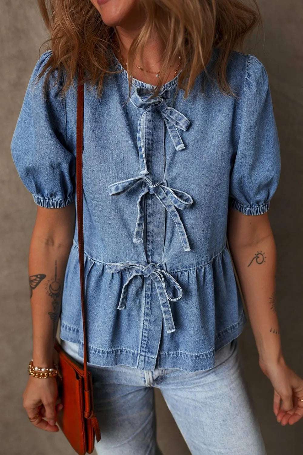Tied Front Puff Sleeve Peplum Denim Shirt - Premium Women / Jeans & Denim from Trendsi - Just $41.86! Shop now at Handbags Specialist Headquarter