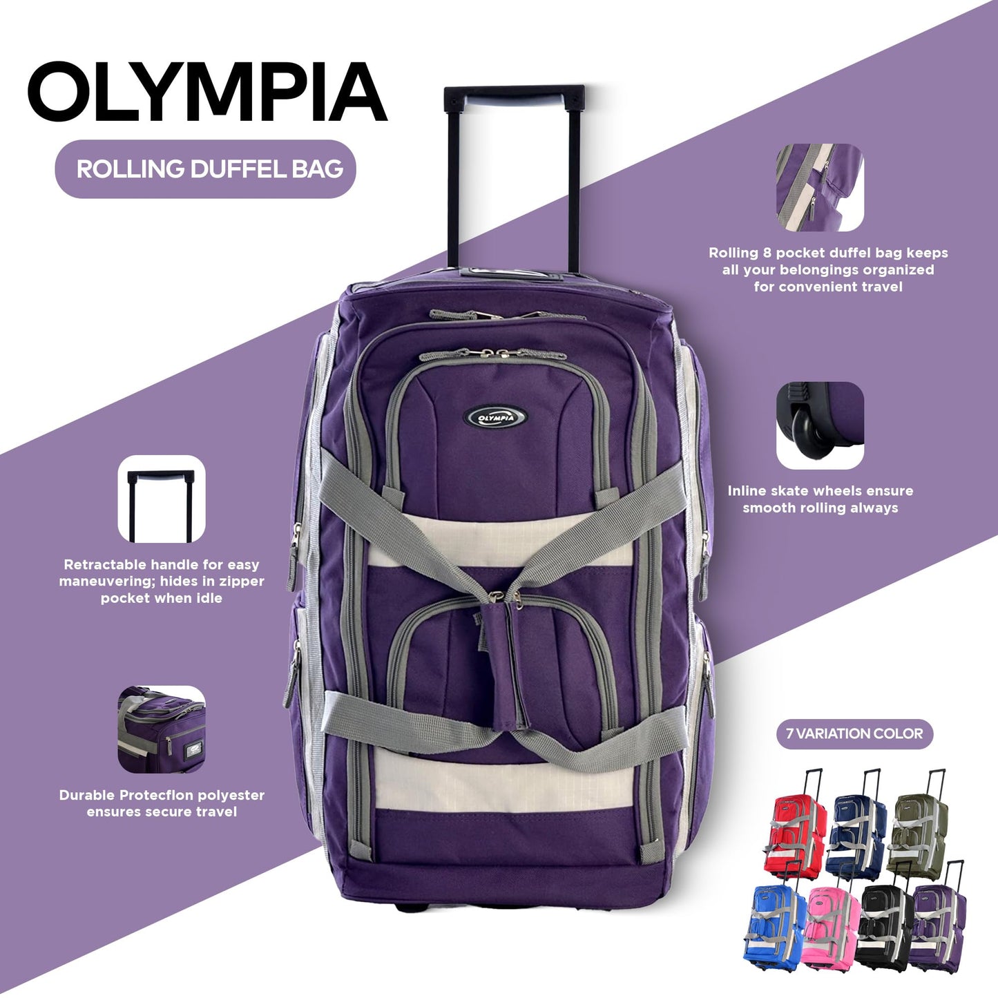 Olympia 22 Max Wheeled Duffel: 8-Pocket Water-Resist