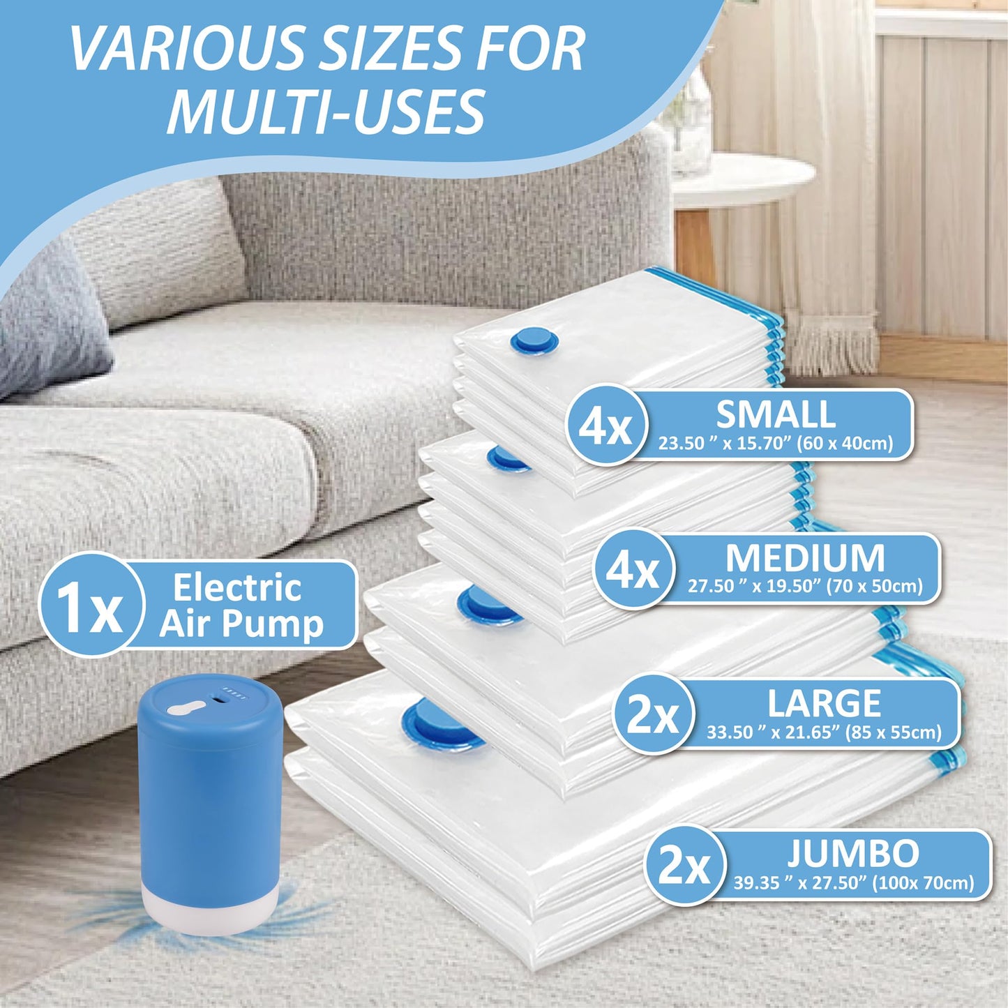 CozyVac Travel Bags with Pump - 6 Pack Space Savers
