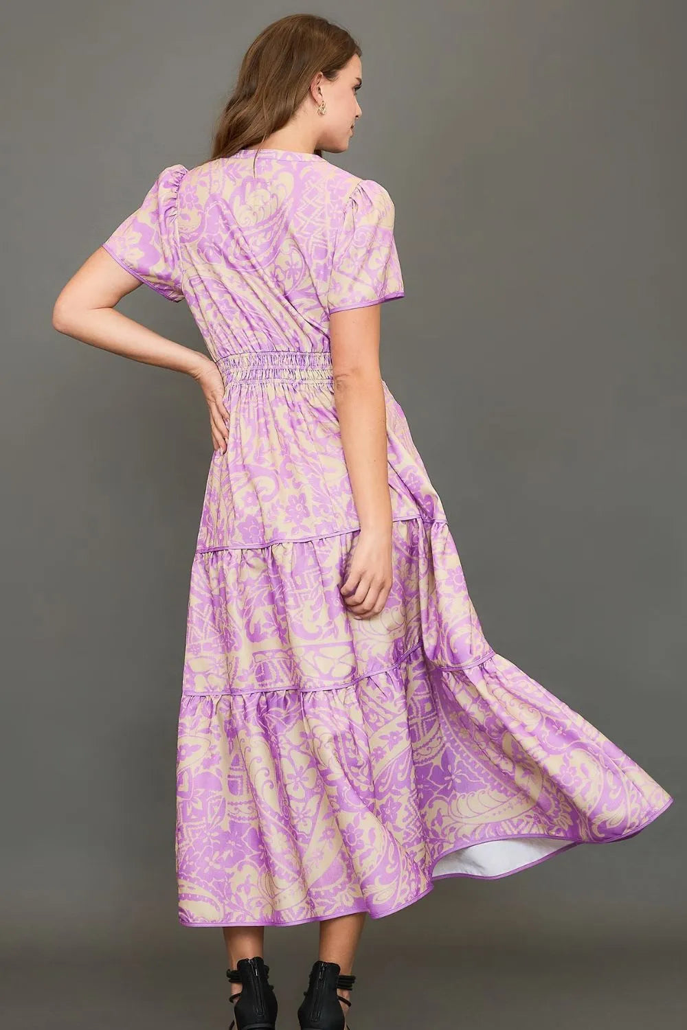 Umgee Full Size Printed Notched Short Sleeve Tiered Dress Plus Size - Premium Dresses from Trendsi - Just $62.99! Shop now at Handbags Specialist Headquarter