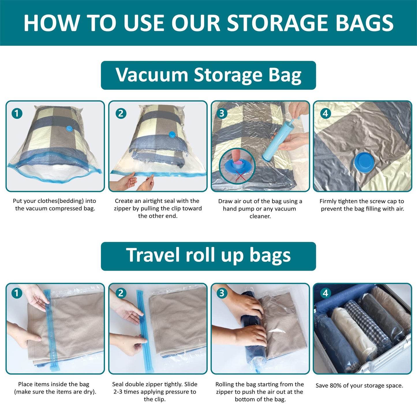 CozyVac Travel Bags with Pump - 6 Pack Space Savers