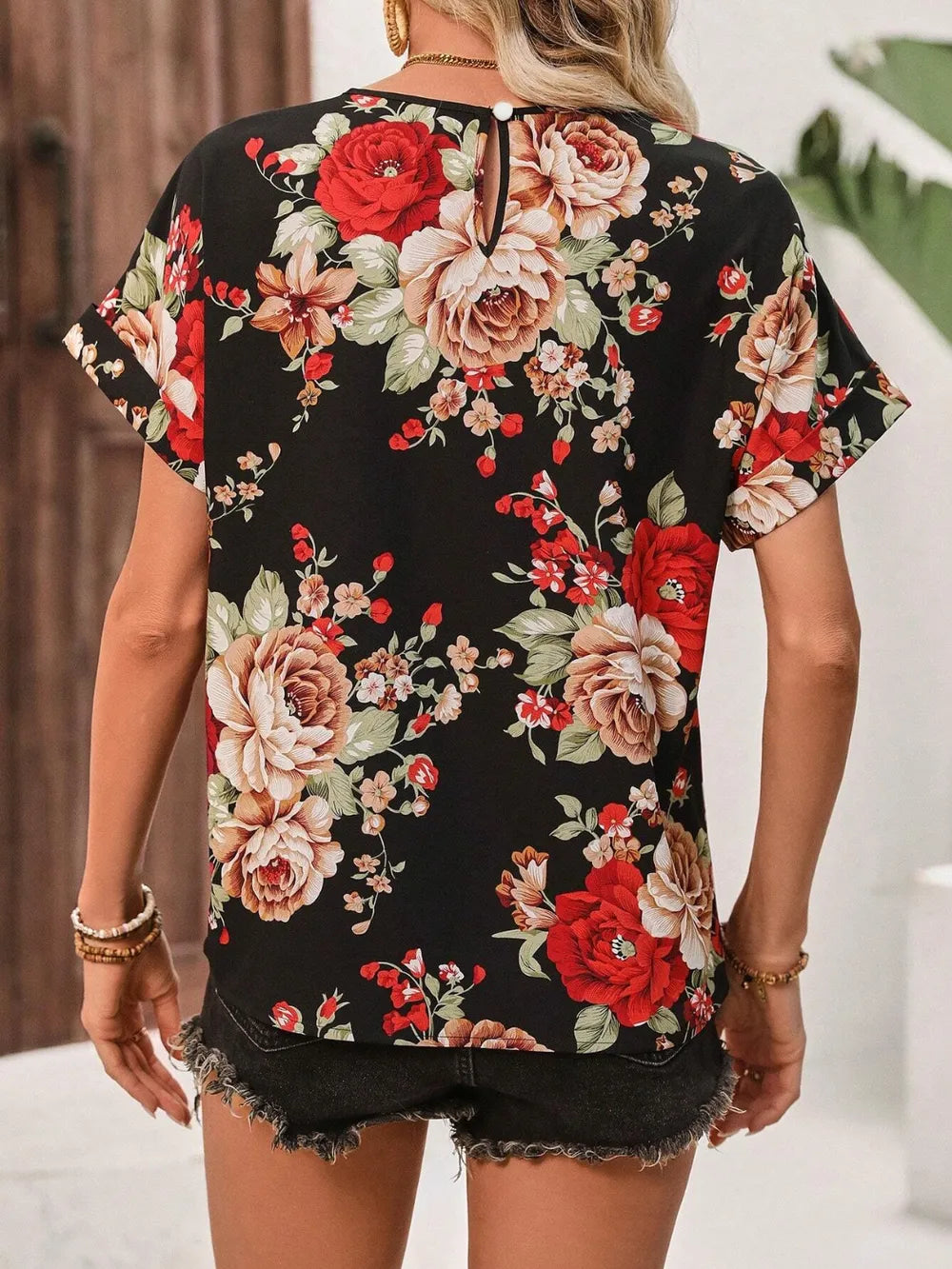 Contrast Round Neck Short Sleeve Blouse - Premium Tops from Trendsi - Just $23.06! Shop now at Handbags Specialist Headquarter