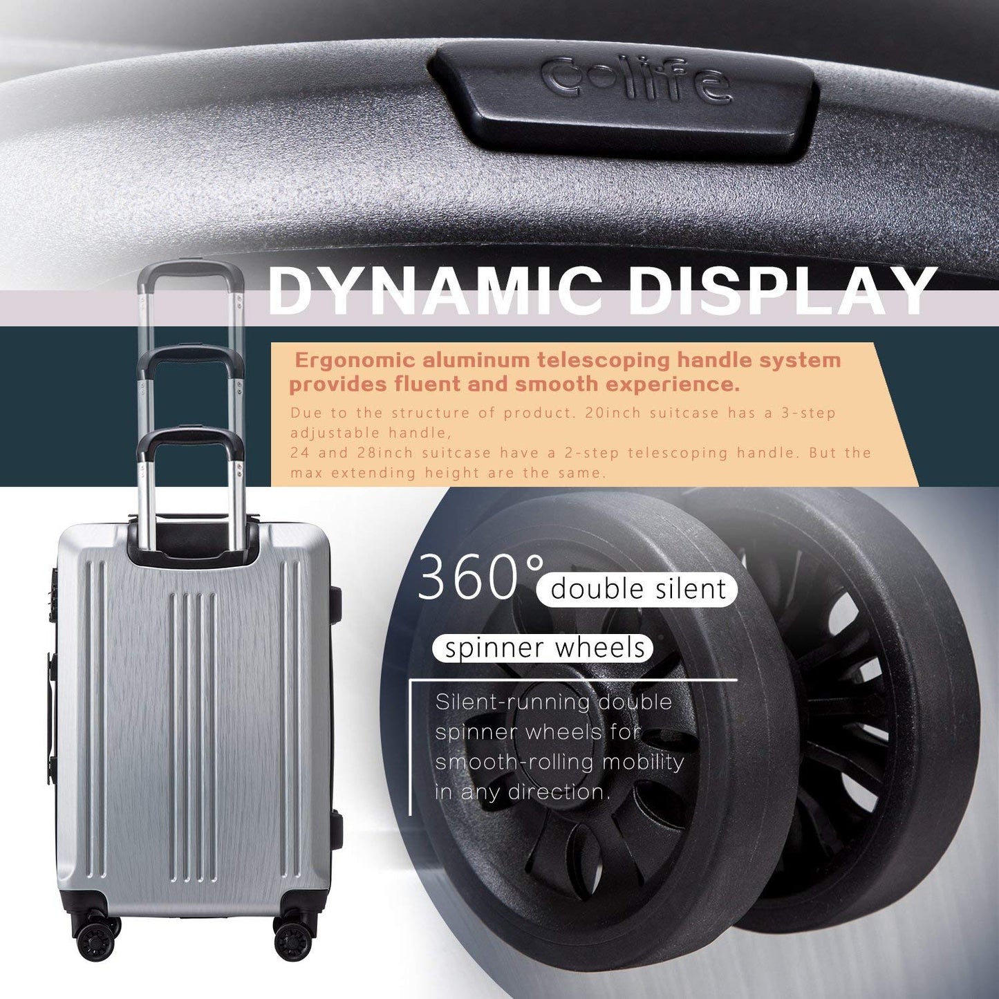 Coolife Expandable Spinner Luggage Set - 3 Piece