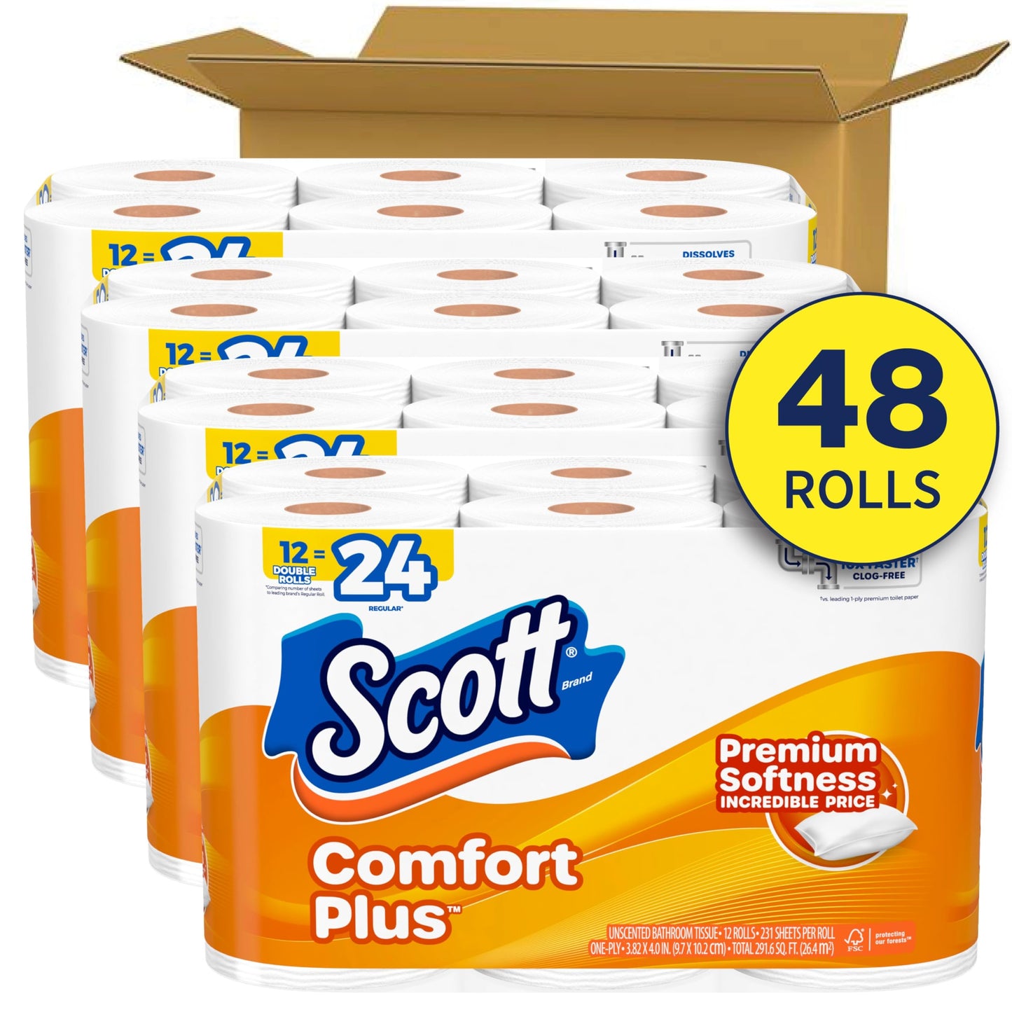 Scott Comfort+ 12 Double Rolls, 231 Sheets, Septic-Safe