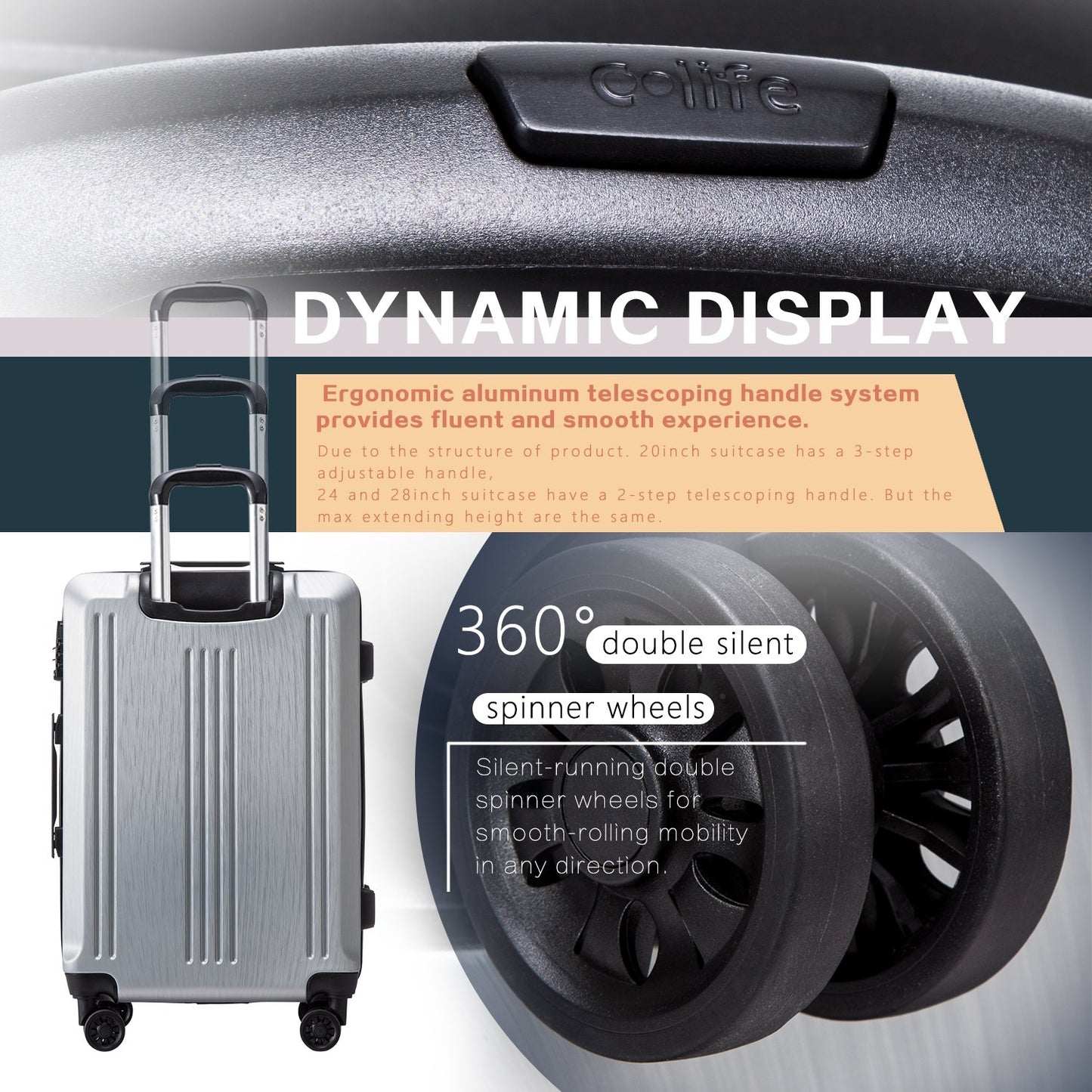 Coolife Expandable Spinner Luggage Set - 3 Piece