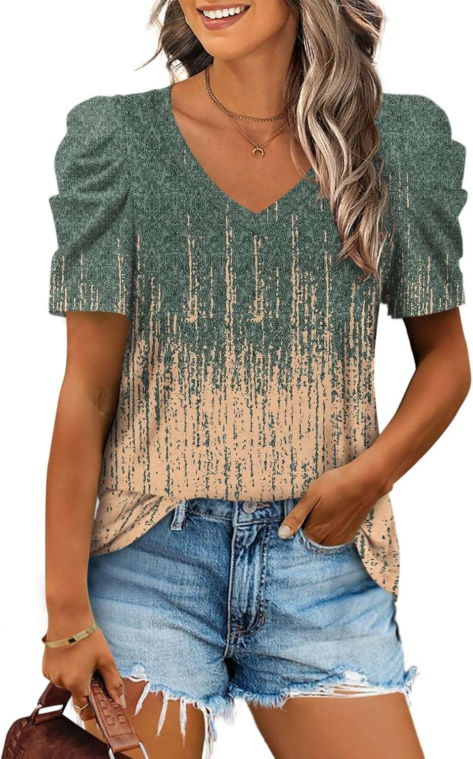 XIEERDUO Summer V-Neck Puff Sleeve Tee - All Sizes