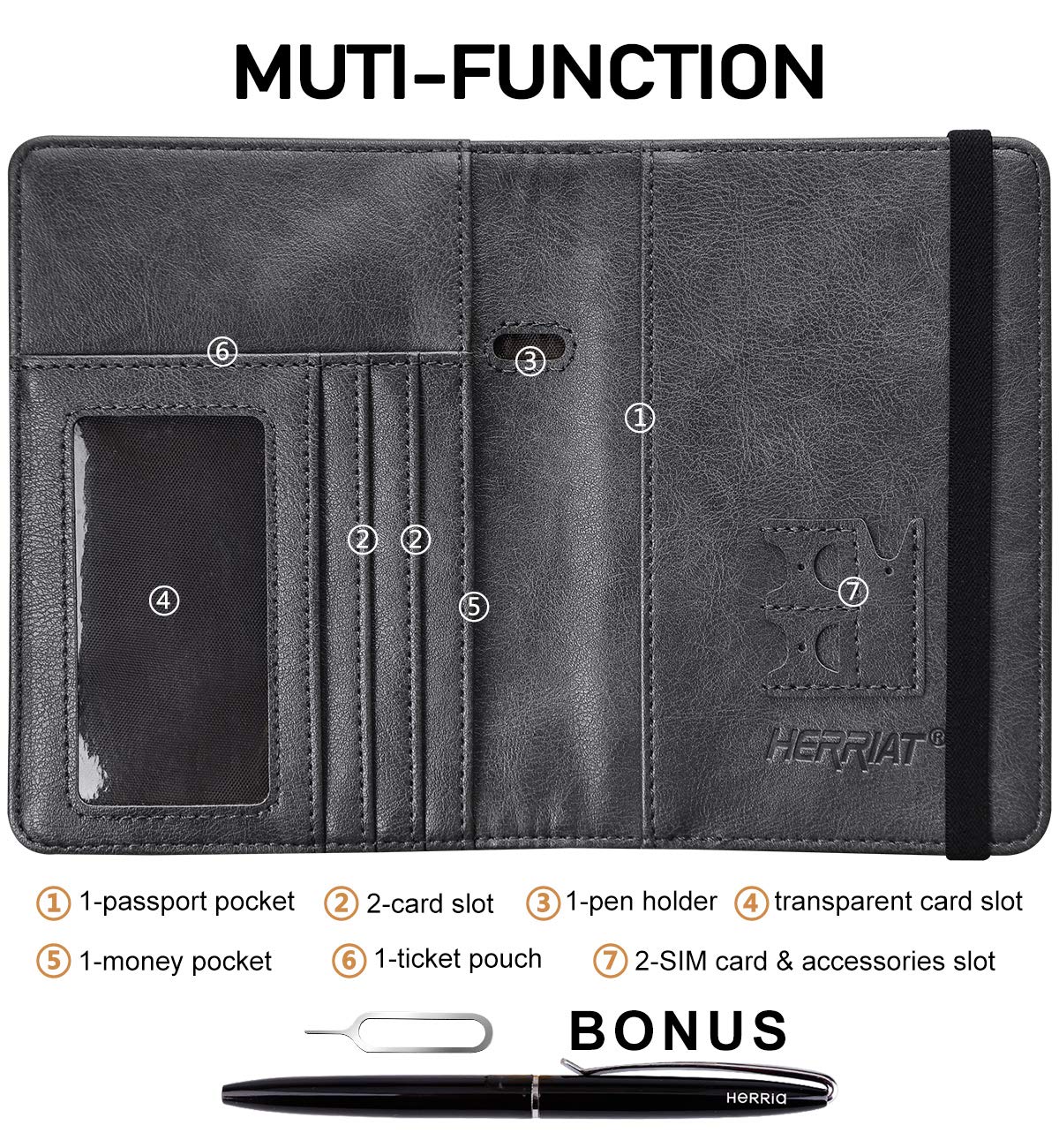 HerriaT RFID Leather Passport Wallet - Gray