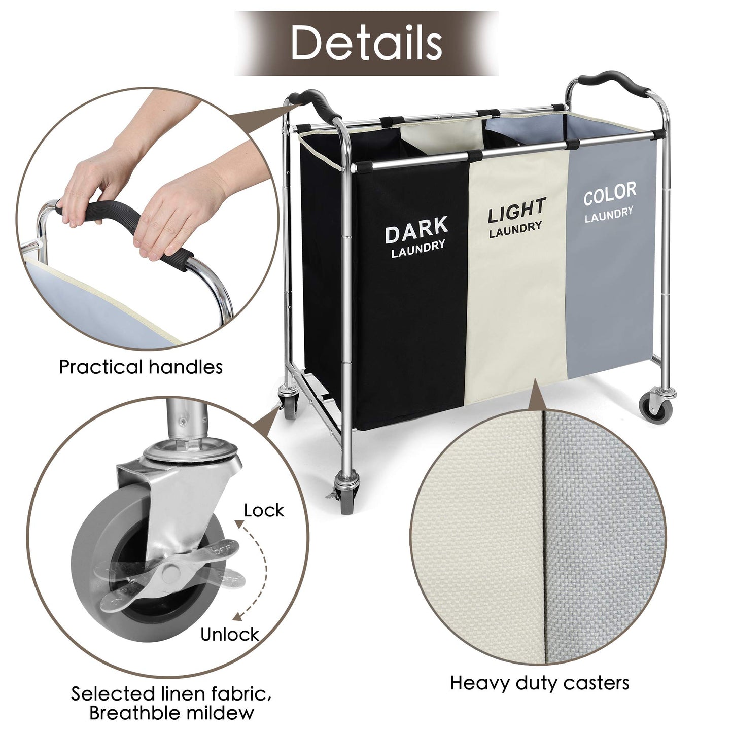 Wheeled 3-Section Laundry Cart - 240l Organizer