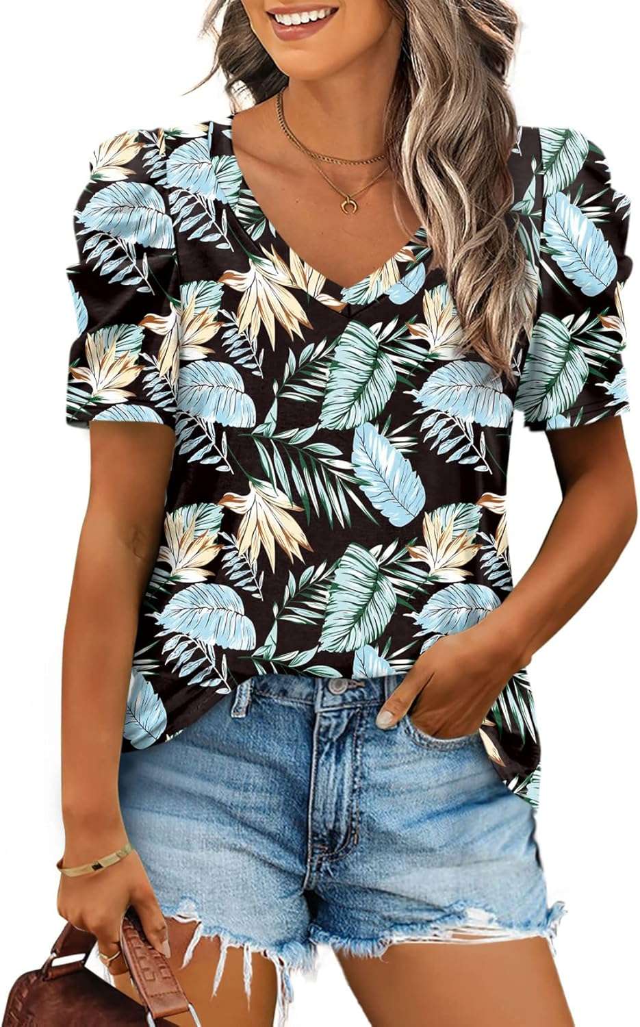 XIEERDUO Summer V-Neck Puff Sleeve Tee - All Sizes