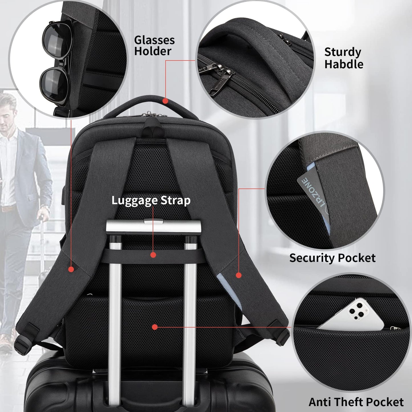 DUSLANG Travel Laptop Backpack with USB Port - Black